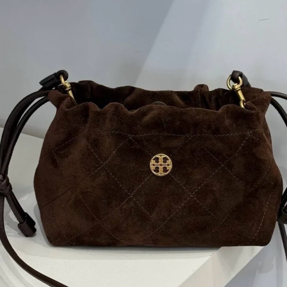 Tory Burch Brown Suede Quilted Drawstring Shoulder Bag with Gold Logo